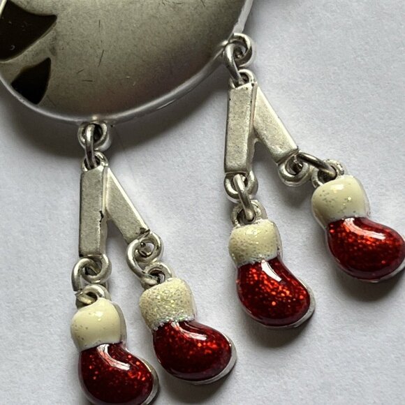 Christmas Cat In Santa Hat Dangling Legs Silver Red & Black Vintage - Picture 4 of 12